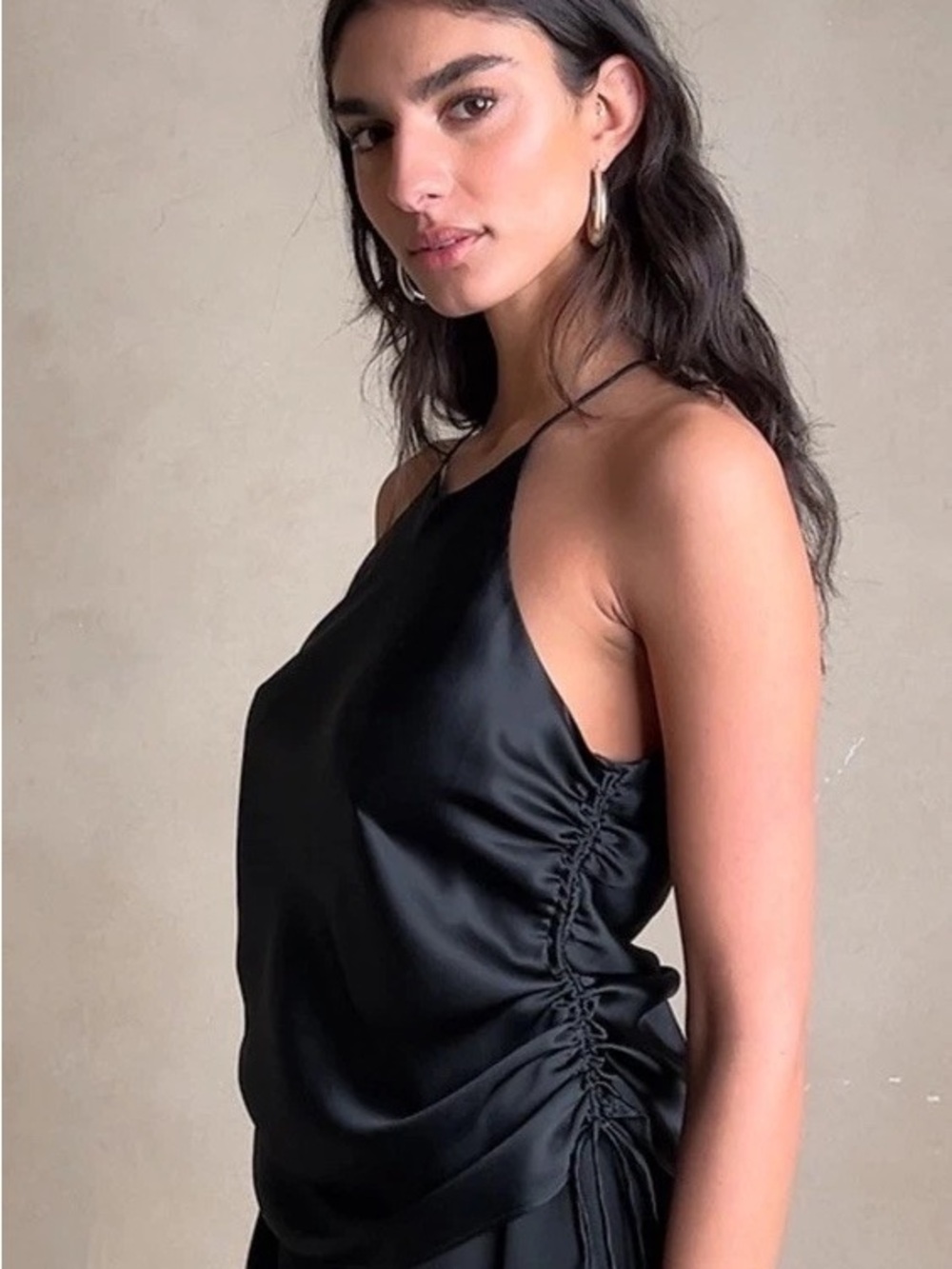Banana Republic 100% Silk Black Sombra Ruched High Neck Tank Top Medium Chic
